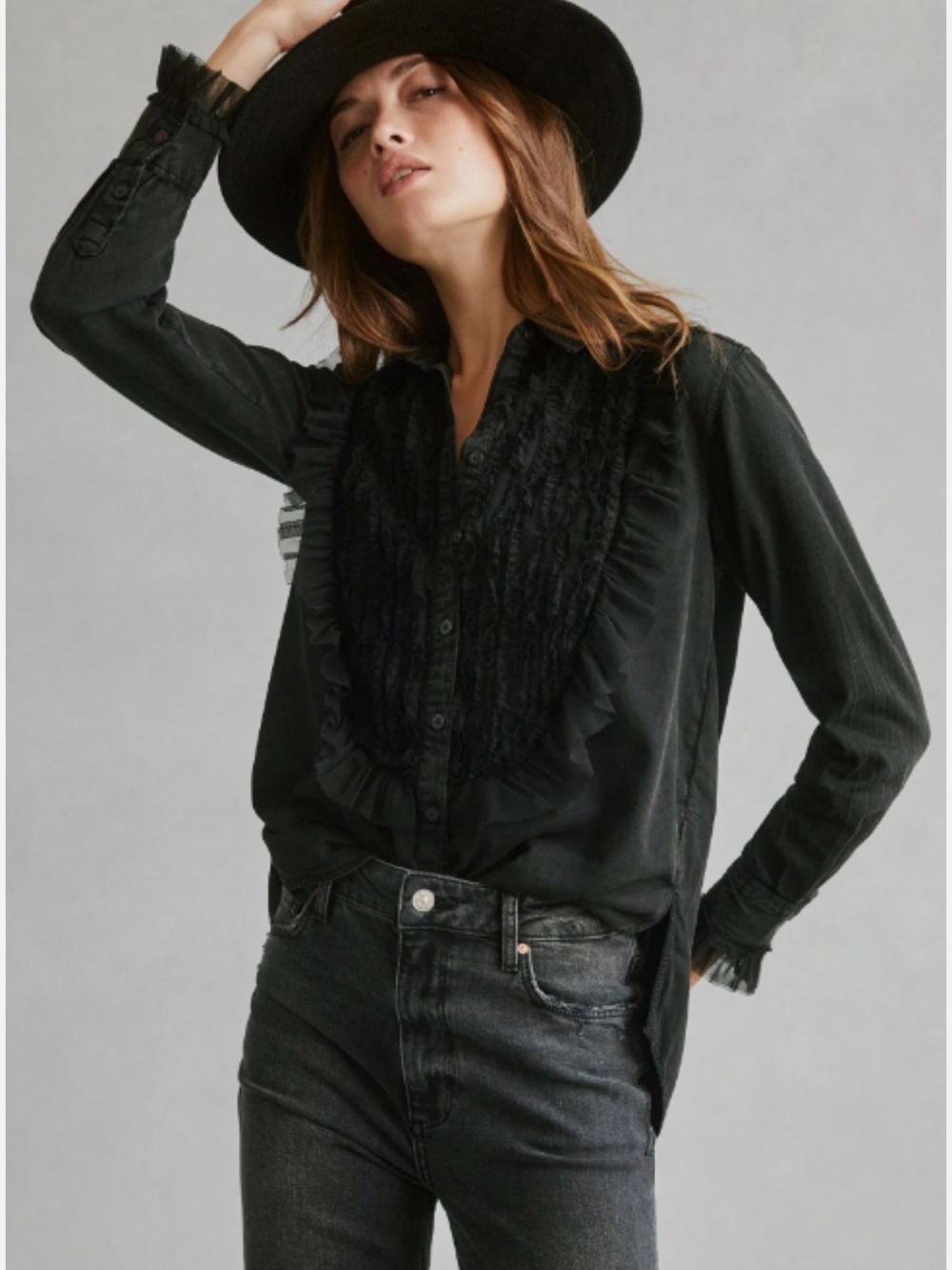 Anthropologie Pilcro Black Ruffle Tulle Button-Down Shirt